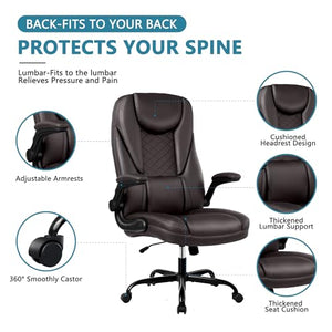 Guessky Executive Office Chair, Big and Tall Ergonomic Leather Chair with Adjustable Arms, High Back, Lumbar Support - Coffee