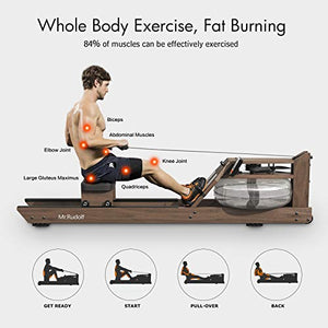 Mr. Rudolf Water Rowing Machine,Black Walnut Wood Rower with Bluetooth Monitor - Indoor Fitness Exercise Home Sports Exercise Equipment(Included an Electric Pump and A Dust Cover)