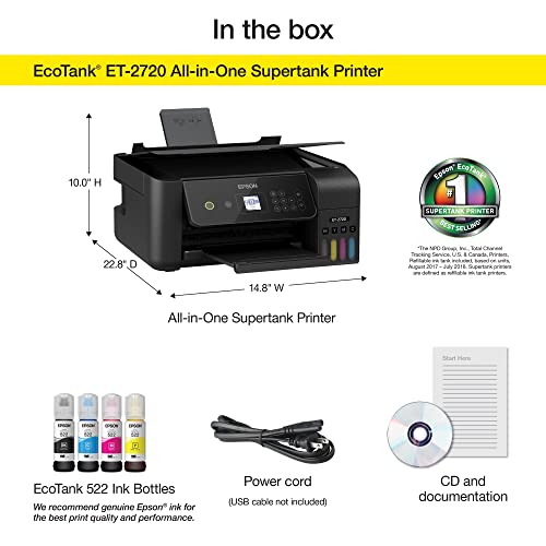 Epson EcoTank ET-2720 All-in-One Wireless Color Inkjet Printer, Black - Print Scan Copy - 10.5 ppm, 5760 x 1440 dpi, Voice Activated, Borderless Photo Printing, 8.5 x 11.7, Ethernet