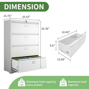 VIYET Lateral File Cabinet with Lock, 4 Drawer Metal Filing Cabinet - White