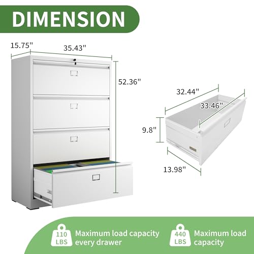 VIYET Lateral File Cabinet with Lock, 4 Drawer Metal Filing Cabinet - White