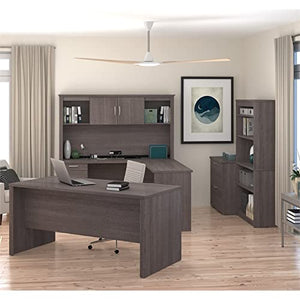 Pemberly Row 66" U-Shaped Desk with Hutch, File, and Bookcase in Bark Gray