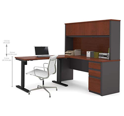 Bestar Prestige + L-Desk with Hutch Including Electric Height Adjustable Table, Bordeaux/Graphite