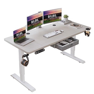bilbil Electric Standing Desk 63x30 Inches with Drawer, Height Adjustable Sit Stand Up Desk - Pale Pearwood Top/White Frame
