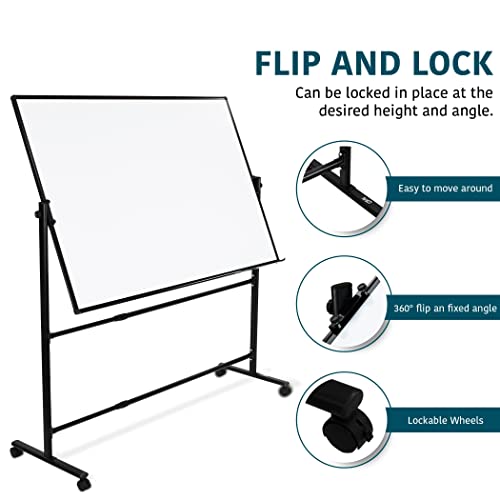 CORAV Mobile Whiteboard 70x36" - Rolling Dry Erase Board with White 360° Flippable, Double Sided Surface - Magnetic Whiteboard with Lockable Wheels - Height-Adjustable Classroom & Office Supplies