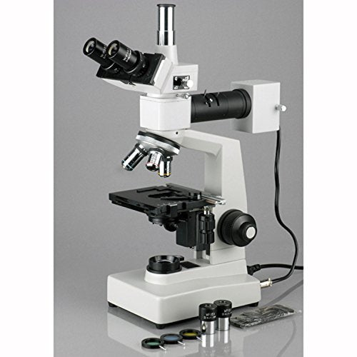 AmScope ME300TZ-2L Episcopic and Diascopic Trinocular Metallurgical Microscope, WF10x, 40X-1000X Magnification, Halogen Illumination with Rheostat, Double-Layer Mechanical Stage, Sliding Head, High-Resolution Optics