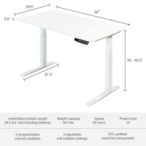 S Stand Up Desk Store Electric Adjustable Height Standing Desk (White Frame/Gloss White Top, 60")