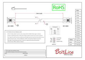 BoltLion Premium Telephone Cable 7 Feet RJ11 Modular [Voice, 6P4C, Reverse] - Silver, 75 Pack