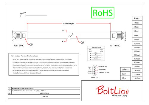 BoltLion Premium Telephone Cable 7 Feet RJ11 Modular [Voice, 6P4C, Reverse] - Silver, 75 Pack