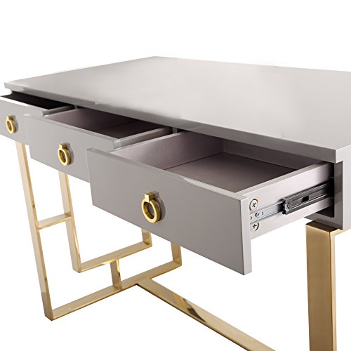 TOV Furniture The Audrey Collection Modern Computer Office Writing Desk with Lacquered Wooden Top, Gold Base & 3 Storage Drawers, Gray