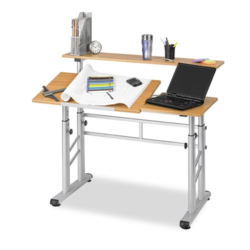 Safco - Adjustable Split Level Workstation, 47-1/4w x 29-1/2d x 37-1/4h, Medium Oak - Sold As 1 Each - Tri-Level Adjustment.
