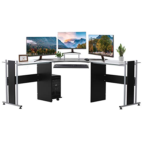 HOMCOM 69" Modern L-Shaped Tempered Glass Office Computer Desk with Elevated Monitor Stand, Rolling CPU Holder, Pull Out Keyboard Tray and Steel Frame, Black
