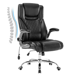 Seevoo Executive Office Chair - High Back Swivel Computer Chair with Adjustable Lumbar Support and Flip-Up Arms, PU Leather (Black)