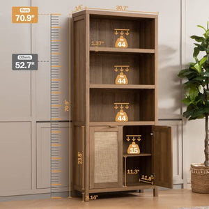 SICOTAS 5 Tier Rattan Boho Bookcase with Doors - Oak