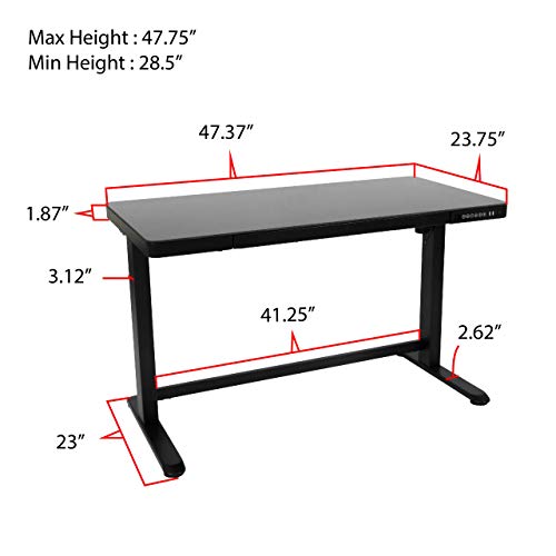 Jefferson Electric Height Adjustable Standing Desk with Drawer, 47.37” x 23.75” Glass Desktop, USB and USB-C, Motorized Uplift, Built-in Ergonomic Memory Controller Keypad (Black)