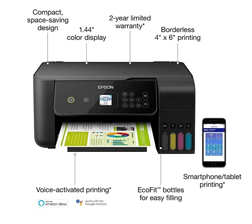 Epson EcoTank ET 2700 Series All-in-One Supertank Inkjet Printer for Cartridge-Free Home Printing, Wireless, Activated Print Print Copy Scan, 1.44" Screen, High-Speed USB (Black)