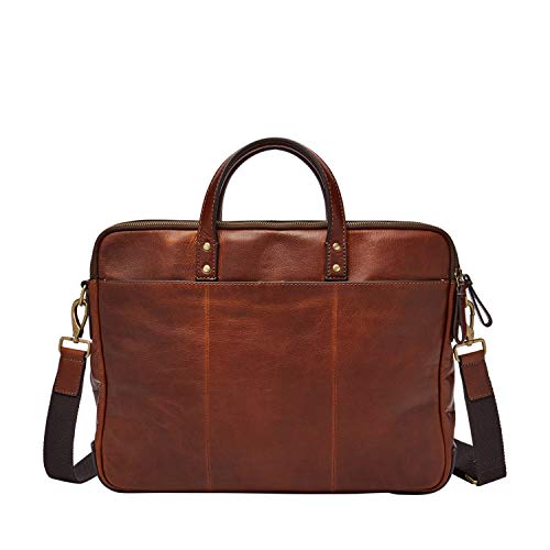 Fossil Men's Haskell Leather Double Zip Briefcase Messenger Laptop Bag, Cognac