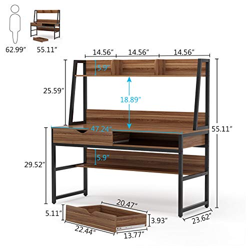 Tribesigns Computer Desk with 2 Drawers, 47 Inches Office Writing Desk with Bookshelf and Hutch, Space Saving Workstation Desk for Home Office (Dark Walnut)
