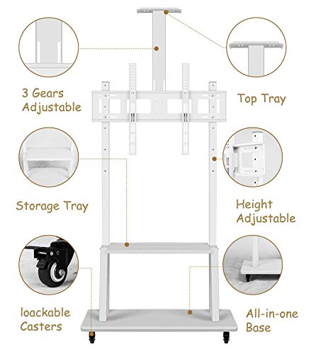 YokIma White Universal TV Stand for 32-70 Inch TVs, Heavy Duty Mobile Cart with AV Shelf & Mount - 120kg Load