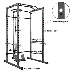 Kicode Power Squat Rack, Power Cage with LAT Pulldown Attachment, Strength Training Exercise Equipment for Home Gym, Weightlifting Bench Press Weight Rack