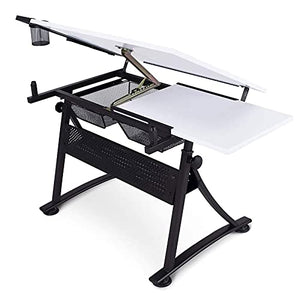 None Drafting Table with Storage, Height Adjustable Tiltable Art Desk, PVC Panel Drawing Desk