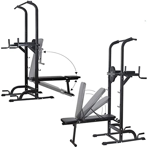 baodanla Power Tower with Weight Bench, Pull Up Bar Dip Station, Height Adjustable Pull Up Tower for Home Gym Strength Training Exercise Workout Equipment, Support Up to 400LBS
