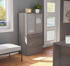 Bestar i3 Plus Lateral File Cabinet with Frosted Glass Doors Hutch, 31W, Bark Grey