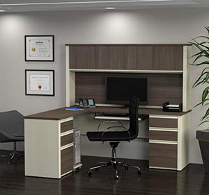 Bestar Prestige + Modern L-Shaped Office Desk with Two Pedestals and Hutch, 72W, White Chocolate & Antigua