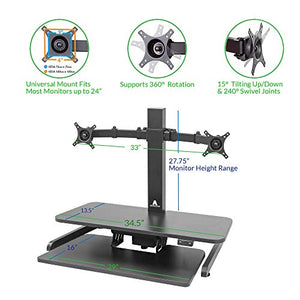 AdvanceUp Electric Ergonomic Standing Desk Converter Riser, 2 Tier with Dual Swivel Monitor Mount Black, Motorized Height Adjustable Stand Up Computer Station, 33lbs Capacity