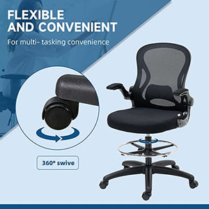 MDybf Ergonomic Drafting Chair with Flip-up Armrests, Mesh Design, Lumbar Support, Footrest Ring - Black Journey