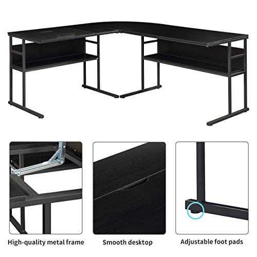 Merax L-Shaped Bottom Bookshelves, Multi-Function Drafting Drawing Table with Tiltable Desktop Desk, 59" L x 67" W x 29.5" H, Black