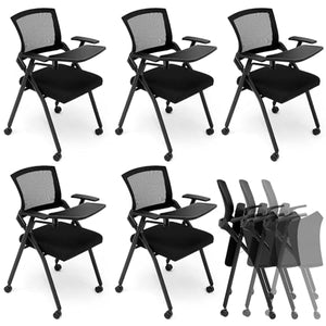 Menkxi 6 Pack Tablet Arm Chair with Caster Wheels, Mesh Nesting Stacking Black Folding Chair