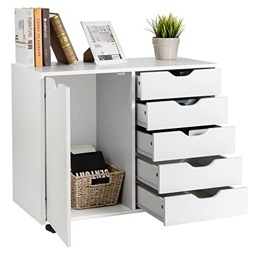 Hallway Entryway Closet Storage Stand 5-Drawer Dresser Chest Mobile Storage Side Cabinet Printer Stand Office White