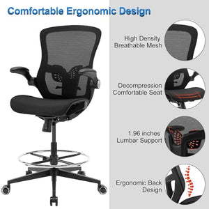 Luckyear Office Drafting Chair with Footrest Ring and Lumbar Support - Black