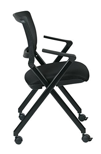 Office Star Breathable Flexible Mesh Back Folding Nesting Chair with Padded Fabric Seat and Casters, 2-Pack, Black with Black Frame