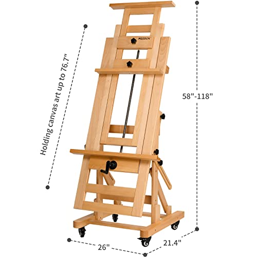 MEEDEN Deluxe Large Rocker Crank Studio Easel,Heavy Duty Artist Painting Easel,Solid Beech Wood with Adjustable Height,Movable and Tilting Flat H-Frame Easel,Holds Art Canvas Up to 76.7"