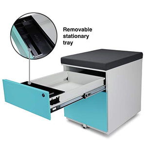 Aurora Mobile File Cabinet 2-Drawer Metal with Comfort Seat Cushion, Lock Key - White/Aqua Blue