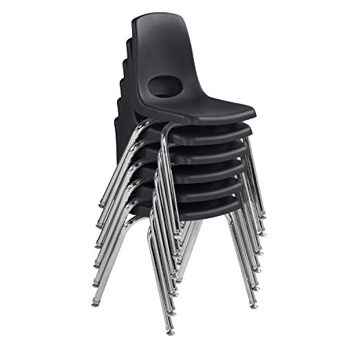 FDP 16" School Stack Chair, Stacking Student Seat with Chromed Steel Legs and Nylon Swivel Glides; for in-Home Learning or Classroom - Black (6-Pack), 10368-BK