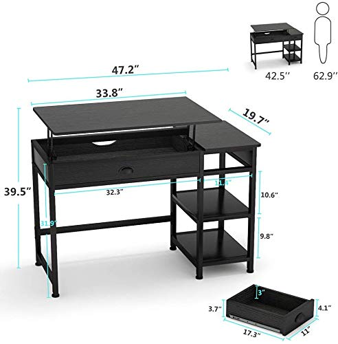 Tribesigns Modern Lift Top Computer Desk with Drawers, 47 inch Writing Desk Study Table Workstation with Storage Shelves, Height Adjustable Standing Desk for Home Office, Small Spaces(Black)