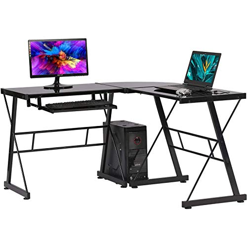 XIONGGG L Shaped Corner Computer Gaming Desk, Laptop Study Corner Table, Workstation for Home Office, with Computer Keyboard Tray