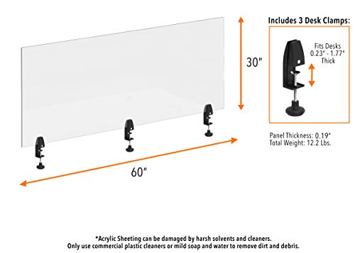 Stand Steady Clear Desktop Panel | Clamp On Protective Acrylic Shield & Sneeze Guard | Desk Divider Securely Attaches to Desks & Tabletops | for Offices, Schools, Libraries & More (60 x 30)
