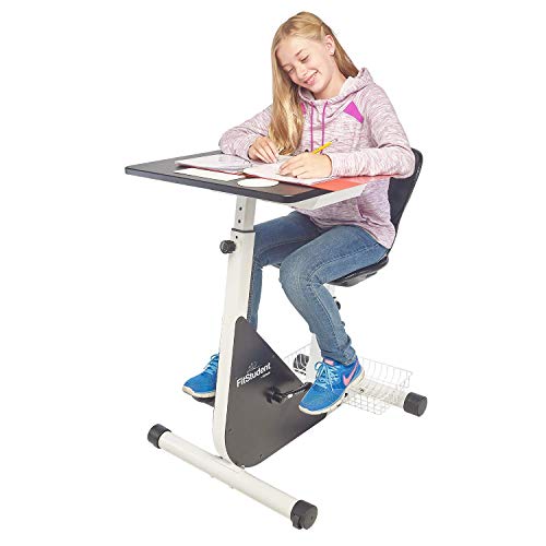 FitStudent Junior Bike Desk - Standing Desk Exercise Bike Pedal Machine with Stabilizer Wheels for Easy Movement - Height Adjustable Desk and Seat with Desk Top Storage
