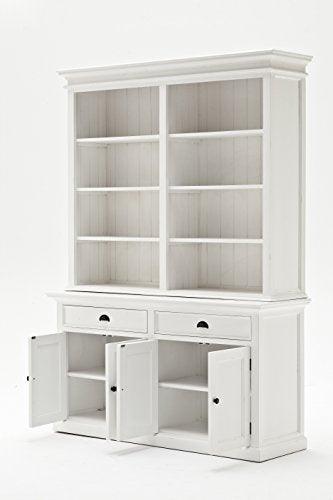 NovaSolo Halifax Pure White Mahogany Wood Hutch Bookcase With Storage And 2 Drawers