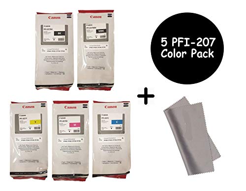 Canon PFI-207 300ml Ink Tank 5 Pack - for Canon iPF680/685/780/785, 1 PFI-207MBK 1 PFI-207BK 1 PFI207C 1 PFI207M 1 PFI207Y + InkSAVER Microfiber LCD Screen Cleaning Cloth