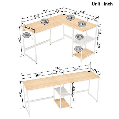 Domy Home L-Shaped Home Office Desk 74'' 2 Person Student Kid Writing Desk w/Storage Shelves Headphone Hook PC Laptop Table Sturdy Metal Frame Easy Assembly Oak