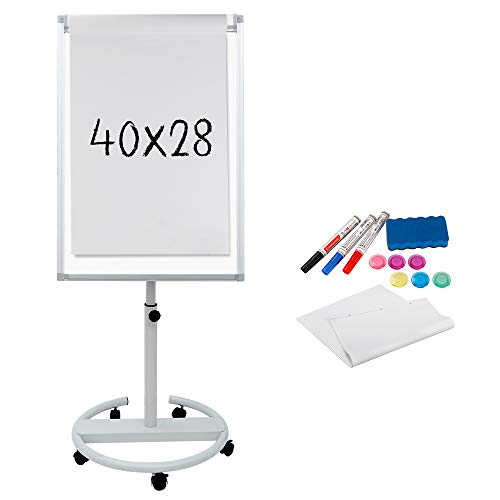 F2C 40 x 28 inch Mobile Magnetic Whiteboard Portable Dry Erase Board Height Adjustable Easel Board with Rolling Stand, w/ Eraser, 3 Markers, Flipchart Paper Pad, 6 Magnets