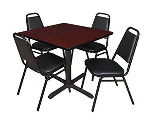 Cain 42" Square Breakroom Table- Mahogany & 4 Restaurant Stack Chairs- Black