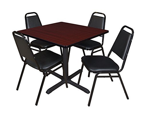 Cain 42" Square Breakroom Table- Mahogany & 4 Restaurant Stack Chairs- Black