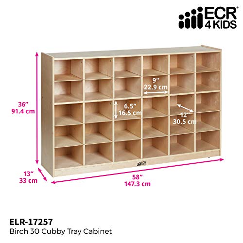 ECR4Kids Birch 30 Cubby Tray Cabinet, Kids Toy Storage Organizer with Rolling Casters, Hardwood Mobile Storage Cabinet for Classroom, Preschool and Homeschool Supplies
