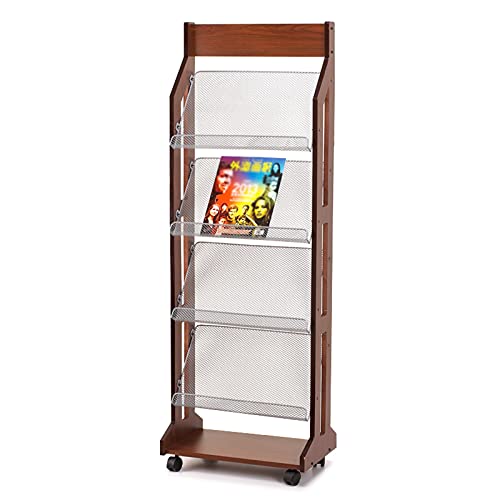 JacCos Wooden Magazine Rack Floor Display Stand with 4 Iron Mesh Pockets and Wheels